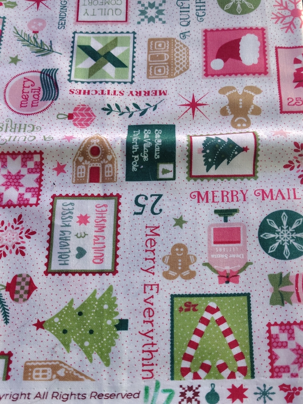 Holiday Mail Festive Cotton Fabric Pink, Green, Gold 42 Wide 1/2 Yard Christmas